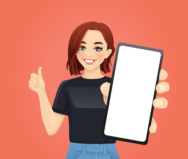 Mujer joven y hermosa mostrando el pulgar hacia arriba y la ilustración vectorial de la pantalla en blanco del teléfono