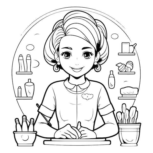 Vector mujer joven y hermosa en el salón de spa ilustración vectorial para colorear