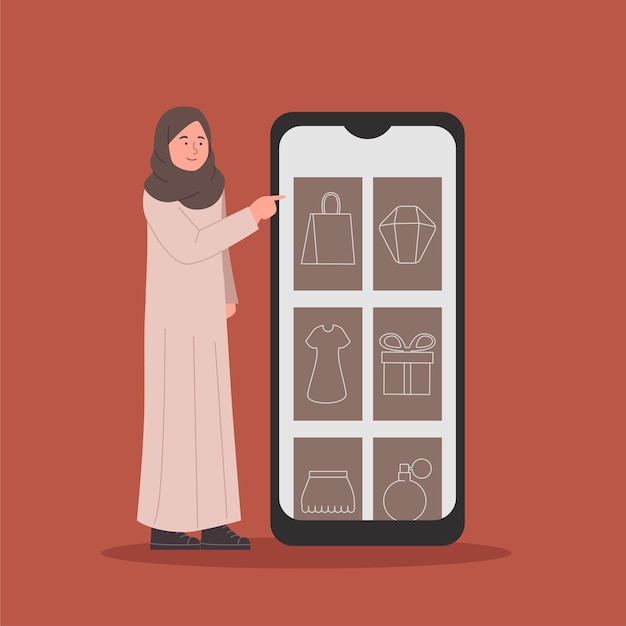Mujer joven hijab de compras con gadget en la aplicación marketplace