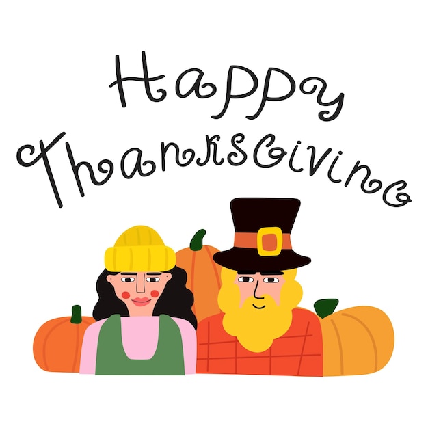 Mujer joven y hombre joven con sombreros de peregrino Calabazas Temporada de otoño Feliz Día de Acción de Gracias Vector diseño ilustración sobre fondo blanco