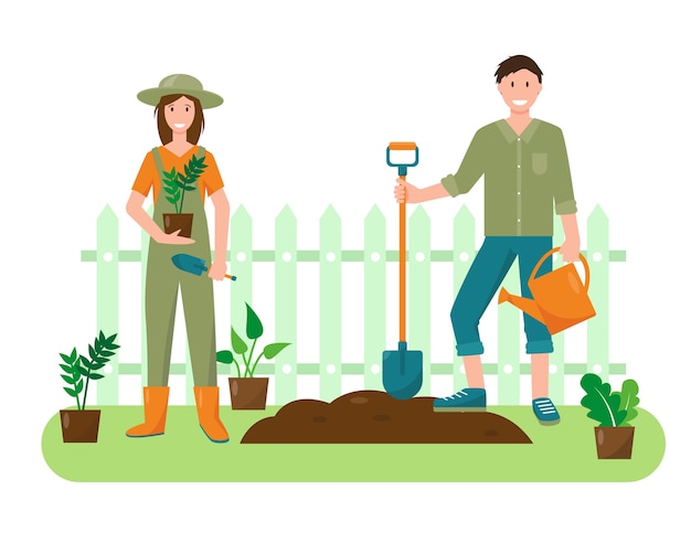 Mujer joven y hombre con plantas y herramientas de jardinería en el jardín. Concepto de jardinería. Ilustración de fondo o banner de primavera o verano.