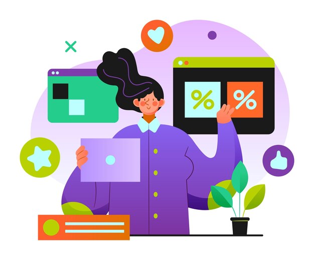 Mujer joven con iconos de descuento y elementos de redes sociales