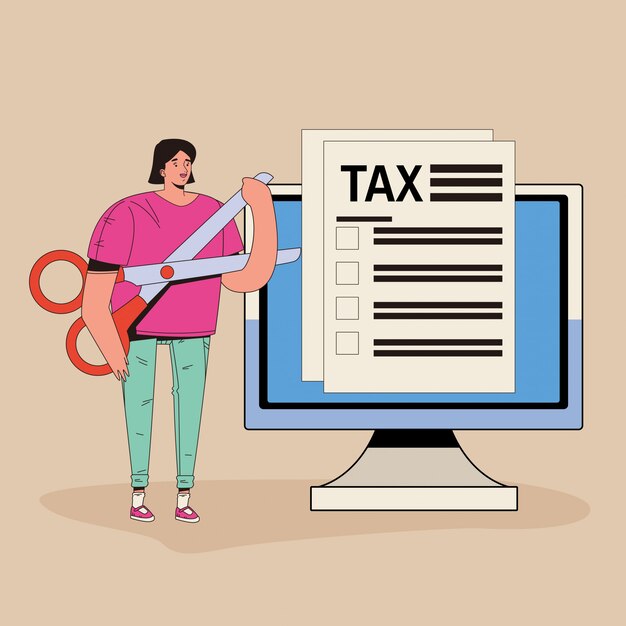 Mujer joven con impuestos y carácter informático