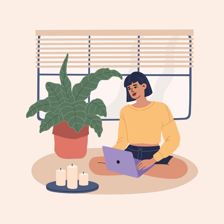 Vector mujer joven independiente que trabaja en la oficina en casa en la computadora portátil en un cómodo espacio de trabajo, sentado en la alfombra en el acogedor apartamento. concepto de estudio y trabajo remoto. ilustración de dibujos animados plana de moda moderna, aislado