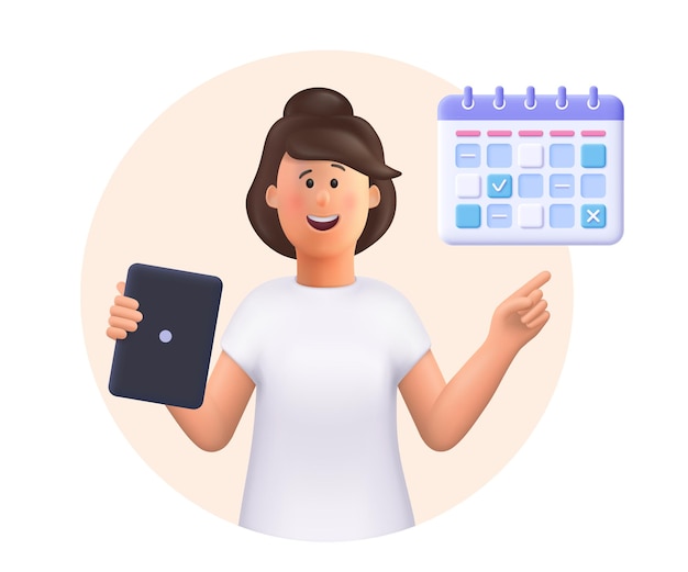 mujer joven jane sosteniendo tableta mostrando plan horario planificación día 3d vector gente ilustración