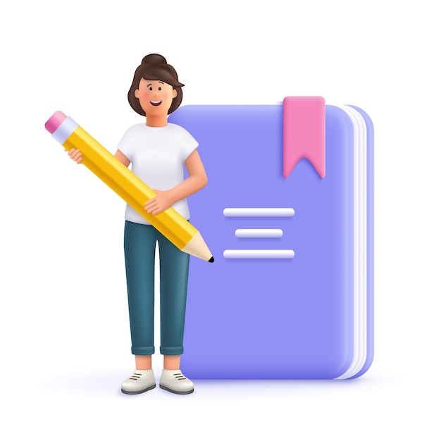 Mujer joven, jane, tenencia, pluma, delante de, enorme, libro, 3d, vector, gente, carácter, ilustración