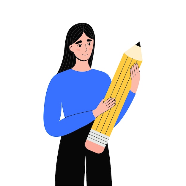 Vector mujer joven con lápiz grande personaje femenino plano educación empresarial creando concepto de diseño