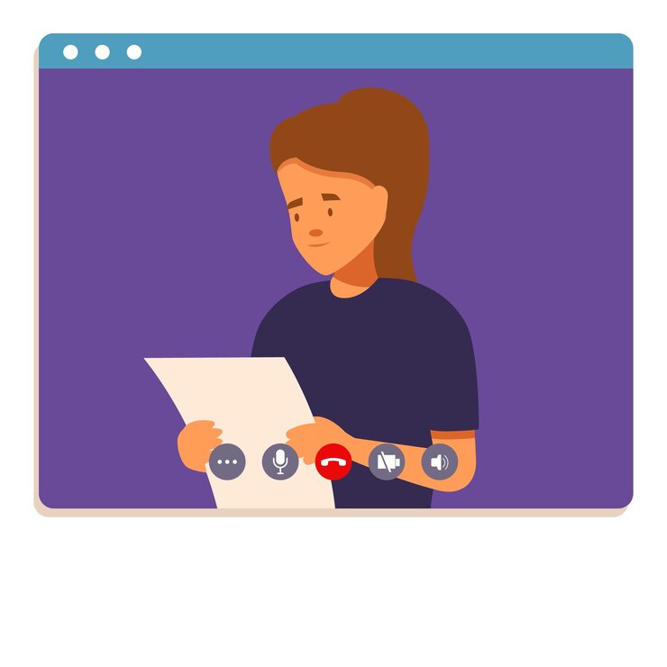 Vector mujer joven leyendo un documento durante una llamada de video en la pantalla de la computadora