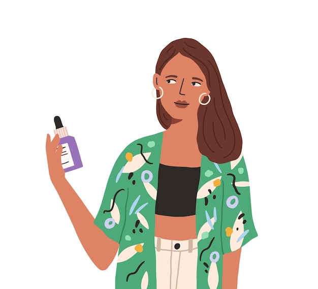 Vector mujer joven leyendo la etiqueta cosmética con la lista de ingredientes. personaje femenino sosteniendo una botella con loción, humectante o perfume. ilustración de vector plano de persona con cosméticos aislado en blanco.