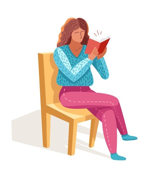 Mujer joven leyendo una ilustración plana de moda de vector de libro aislado en blanco, educación de aprendizaje de conocimientos, autoeducación, literatura de ficción.