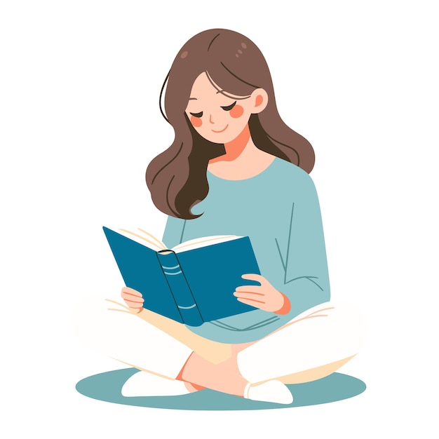 Vector mujer joven leyendo una ilustración vectorial de diseño plano de libro