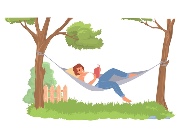 Mujer joven leyendo en una ilustración vectorial de hamaca