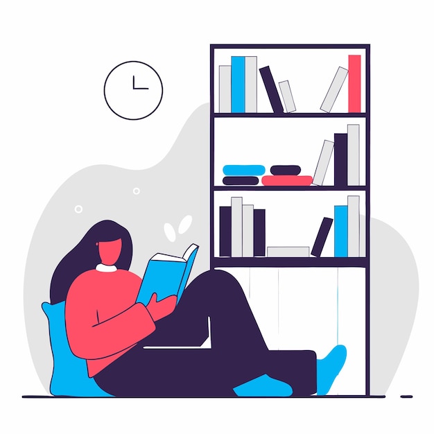Mujer joven leyendo un libro en una acogedora biblioteca Ilustración vectorial plana