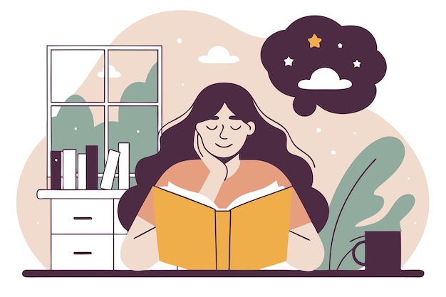 Mujer joven leyendo un libro e imaginando mundos de fantasía ilustración vectorial