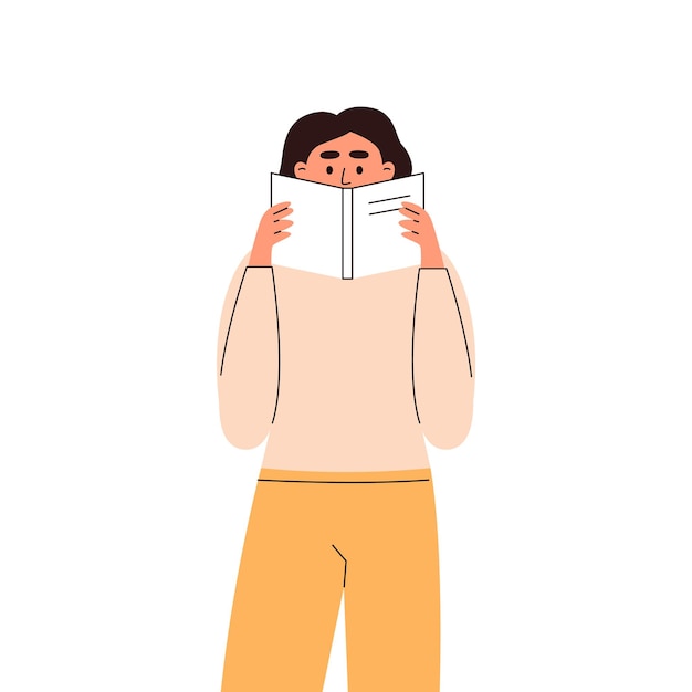Vector mujer joven leyendo un libro y escondiendo su rostro detrás del libro