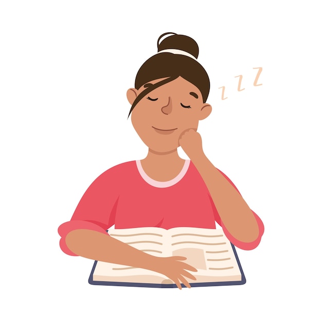 Mujer joven con libro abierto durmiendo o adormecida con la mano reclinada sobre su cabeza Ilustración vectorial