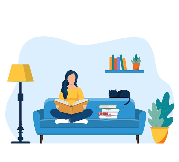 Mujer joven, libro de lectura, en, silla, en casa