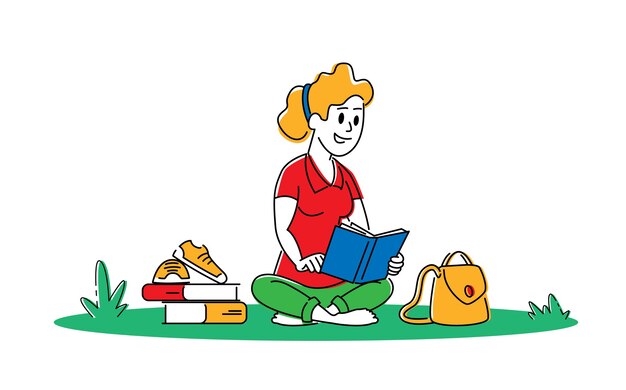 Mujer joven con libro sentado sobre el césped prepararse para el examen o hacer la tarea