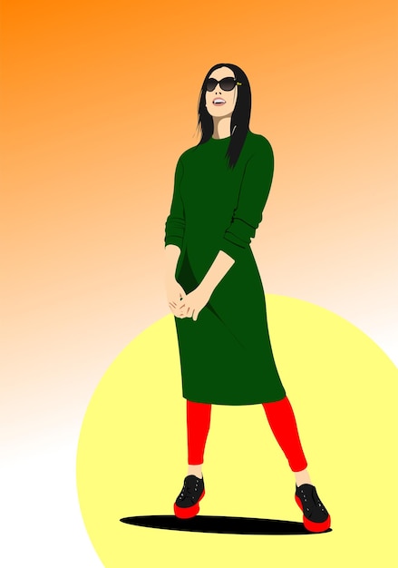 Mujer joven linda 3D color vector ilustraciones dibujadas a mano