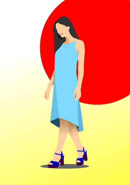 Mujer joven linda 3D color vector ilustraciones dibujadas a mano