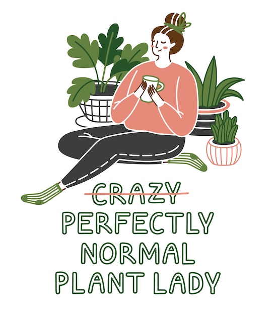 Vector mujer joven linda que se sienta en el piso con las plantas que crecen en potes. planta loca dama.
