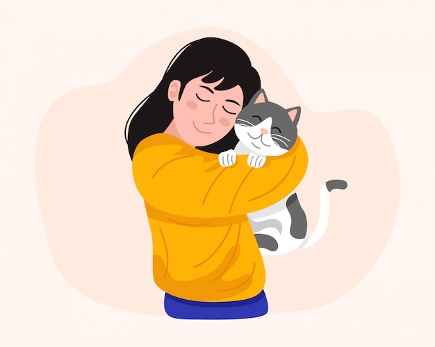 Mujer joven con lindo gato. Ilustración