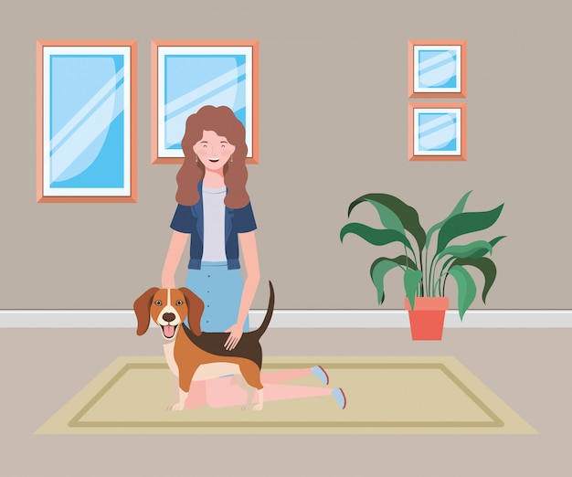 Vector mujer joven con lindo perro en la habitación de la casa