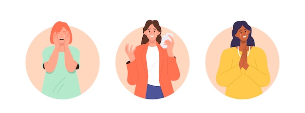 Mujer joven llorando sintiéndose feliz o infeliz retrato de marco redondo aislado en blanco