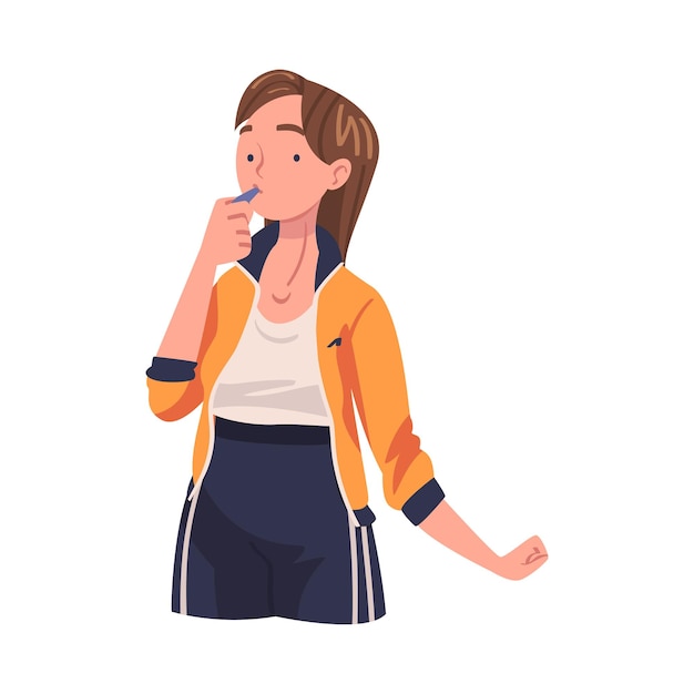 Mujer joven maestra de perforación o entrenadora con ilustración del vector del silbido