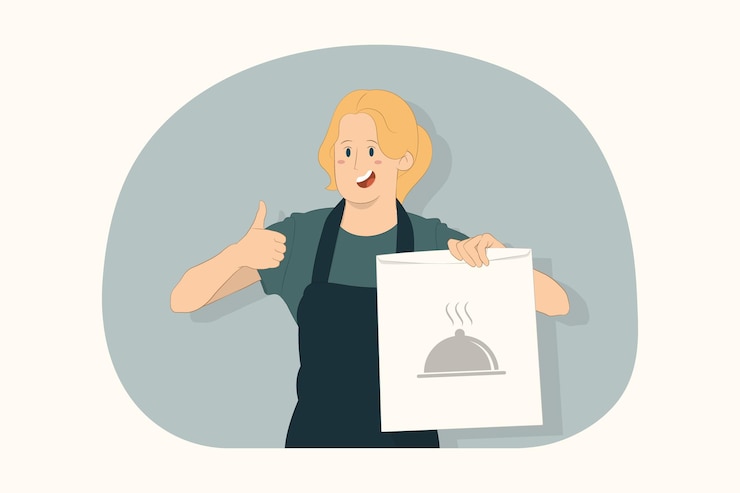 Vector mujer joven mantenga concepto de comida de bolsa de papel artesanal en blanco vacío marrón