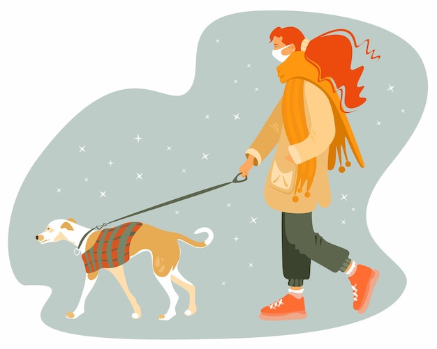 Mujer joven con máscara médica protectora caminando con perro Ilustración de vector dibujado a mano de moda