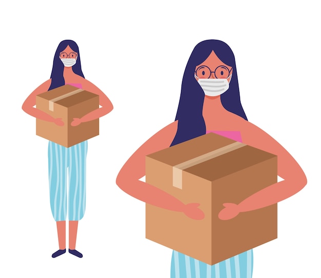 Mujer joven con mascarilla y caja de donación ilustración de dibujos animados