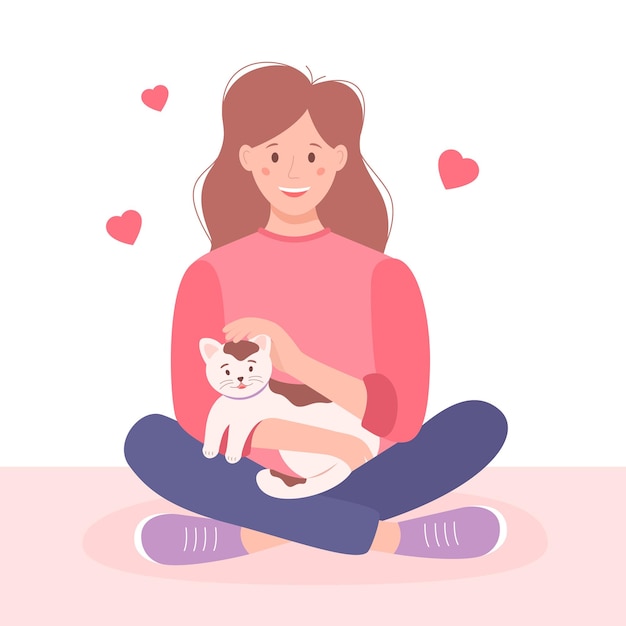 Mujer joven y mascota, estilo plano. Chica feliz sosteniendo un gato en sus brazos. Linda ilustración vectorial.