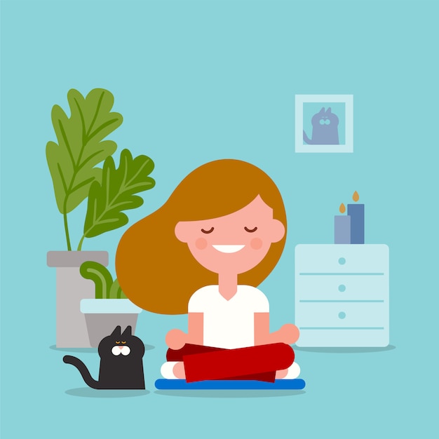 Vector mujer joven meditando en posición de yoga sentado. ilustración de dibujos animados de estilo de diseño plano.