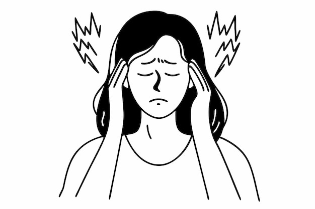 Mujer joven con migraña mano en la frente simple arte vectorial para contenido médico o de bienestar