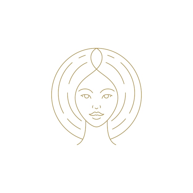 Mujer joven mística modelo retrato círculo cabello línea dorada arte icono ilustración vectorial