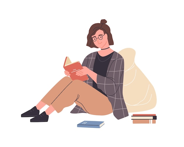 Mujer joven moderna feliz leyendo un libro sentada en el suelo Lectura femenina inteligente con gafas disfrutando de la literatura o estudiando y preparándose para un examen Ilustración vectorial plana colorida