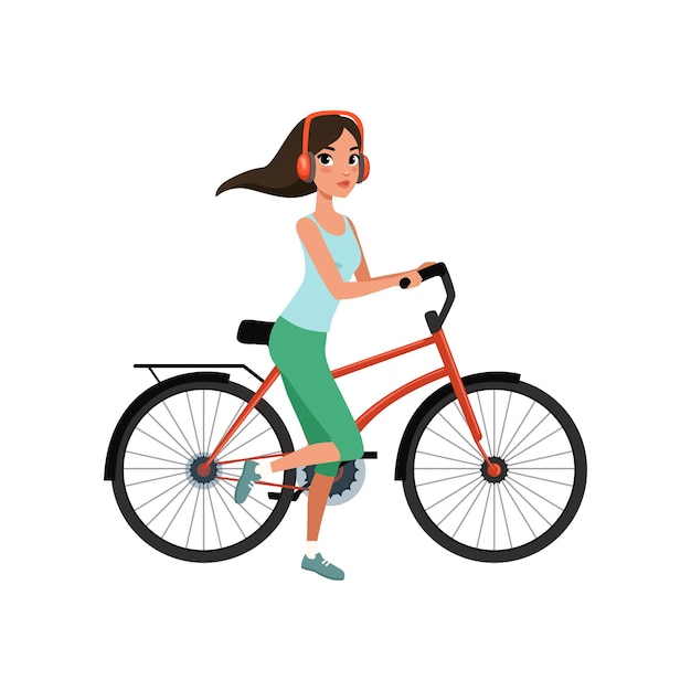 Mujer joven montando una bicicleta con auriculares concepto vectorial de estilo de vida activo Ilustraciones aisladas en un fondo blanco