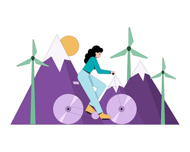 Mujer joven montando bicicleta cerca de molinos de viento usando transporte ecológico Tecnología ecológica en la vida diaria