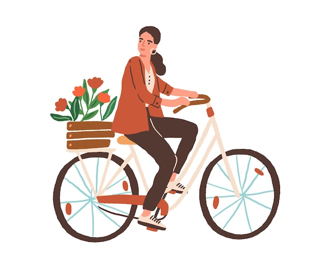 Mujer joven montando bicicleta de ciudad en estilo retro con caja de madera de flores de primavera. Ciclismo personaje femenino aislado sobre fondo blanco. Ilustración de vector plano de color dibujado a mano.