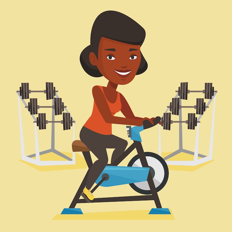 Vector mujer joven montando bicicleta estacionaria.