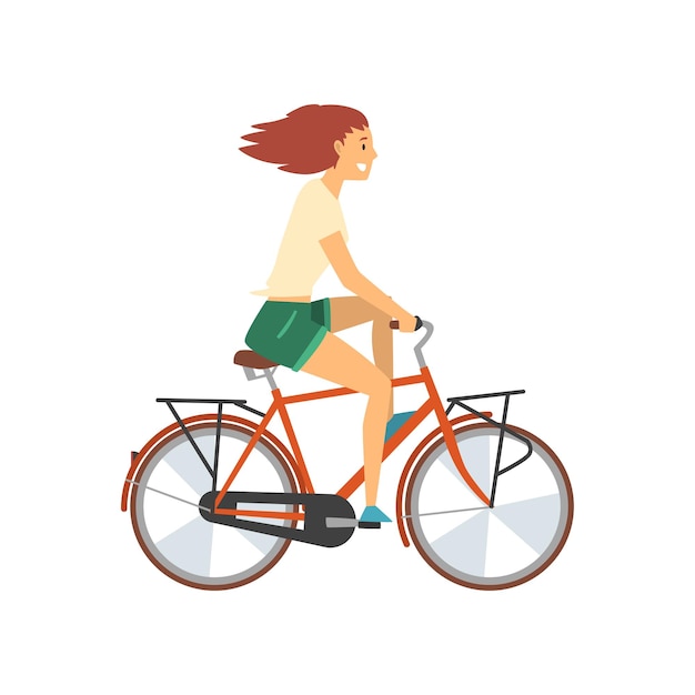 Mujer joven montando bicicleta personaje ciclista femenino en ilustración vectorial de bicicleta