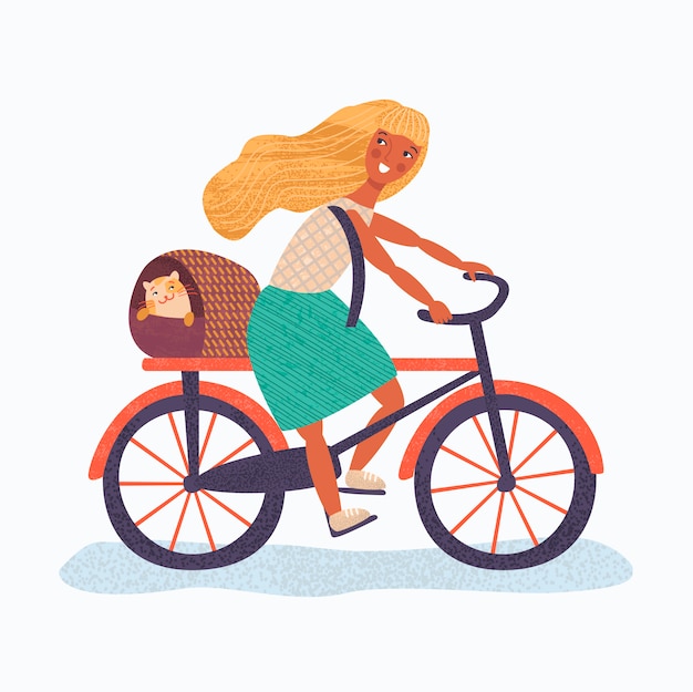 Vector mujer joven montando bicicleta con su mascota