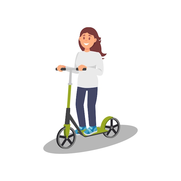 Mujer joven montando patinete estilo de vida saludable y activo eco amigable vehículo de transporte alternativo vector ilustración sobre un fondo blanco