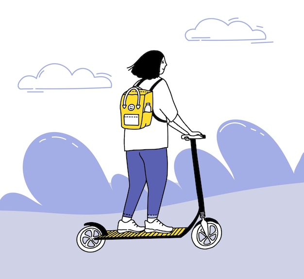 Mujer joven montando en scooter eléctrico. ilustración de micromovilidad. adolescente con mochila amarilla avanzando, actividad al aire libre.