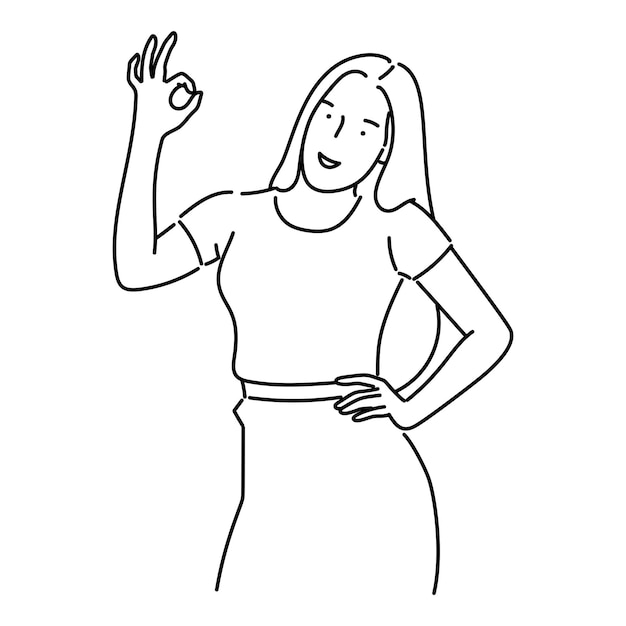 Mujer joven mostrando el signo OK Ilustración vectorial en estilo de arte de línea