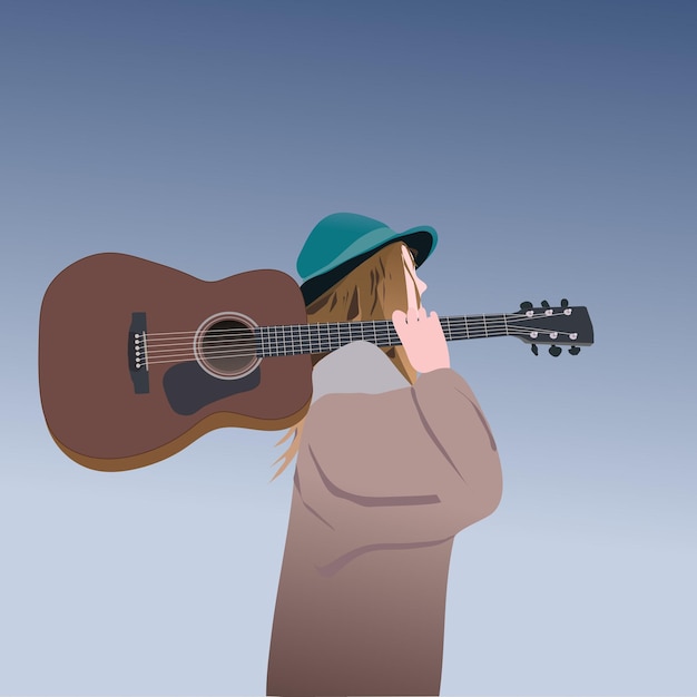 Vector mujer joven músico de pie con guitarra