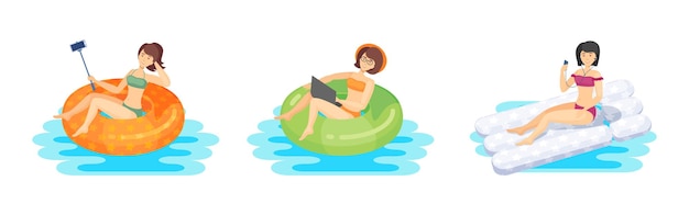 Mujer joven nadando anillo inflable colchón de aire resto