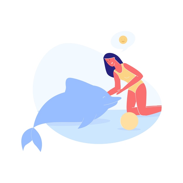 Vector mujer joven nadar caricias delfín en piscina o mar