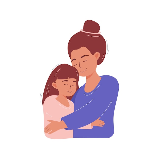 Una mujer joven y una niña se abrazan.